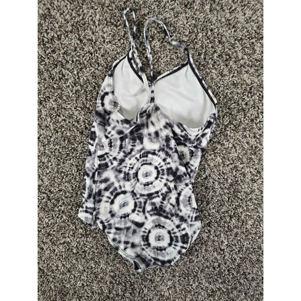 Okami Girls Sz 12 One Piece Swimsuit Black White Tie Dye Print